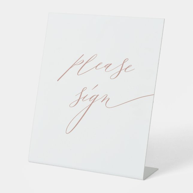 Elegant White Rose Gold Script Wedding Gästebuch Sockelschild (Vorderseite)