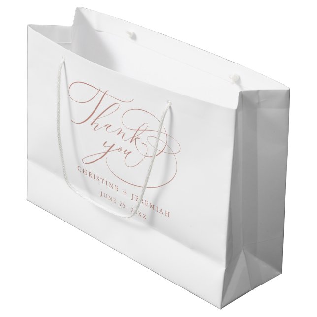 Elegant White Rose Gold Script Wedding Vielen Dank Große Geschenktüte (Vorderseite Schrägansicht)
