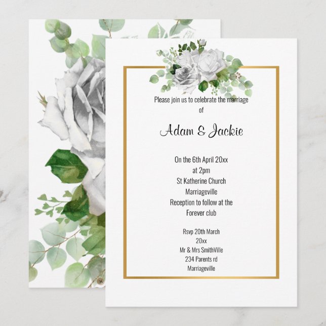 Elegant White Rose GOLD TRIM WEDDING Einladung (Vorne/Hinten)