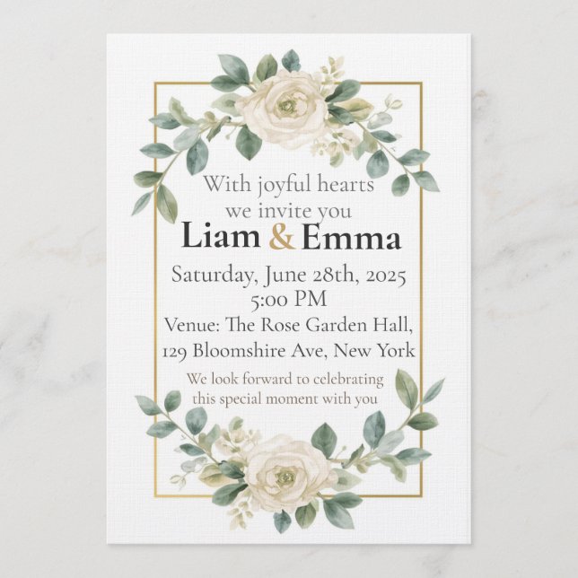 Elegant White Rose Greenery Wedding Invitation Einladung (Vorderseite)