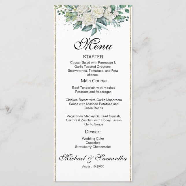 Elegant White Rose und Lilies Wedding Menükarte (Vorderseite)