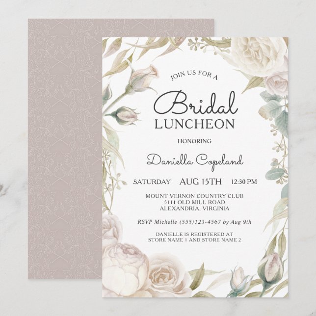 Elegant White Roses Bridal Luncheon Einladung (Vorne/Hinten)