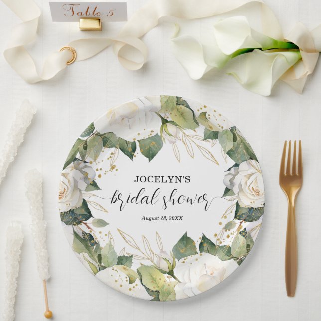 Elegant White Roses Bridal Shower Square Pappteller (Hochzeit)