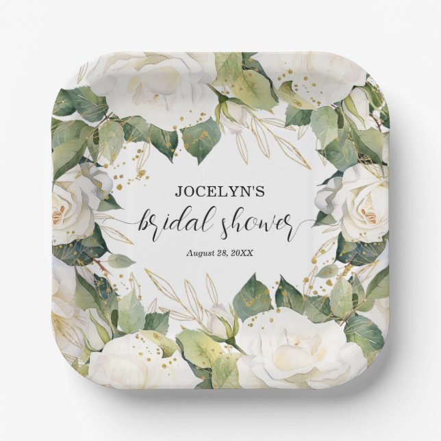 Elegant White Roses Bridal Shower Square Pappteller (Vorderseite)
