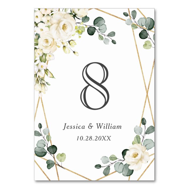 Elegant White Roses Eucalyptus Wedding Tischnummer (Vorderseite)