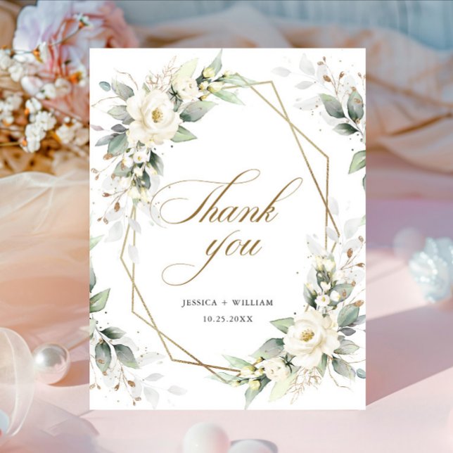 Elegant White Roses Eucalyptus Wedding Vielen Dank Einladungspostkarte (Von Creator hochgeladen)