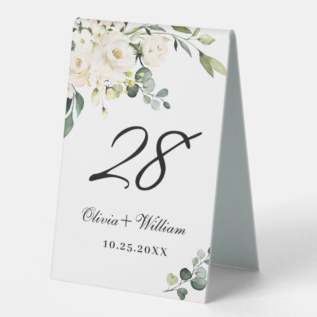 Elegant White Roses Eukalyptus Greenery Tischaufsteller (Vorderseite)