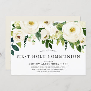 Elegant White Roses First Holy Communion Einladung