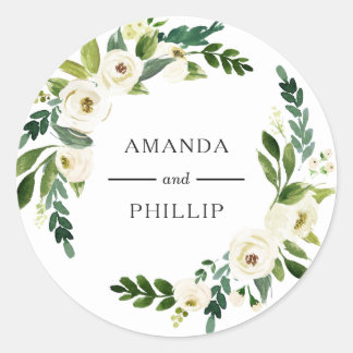 Elegant White Roses Greenerity Wedding Round Stick Runder Aufkleber