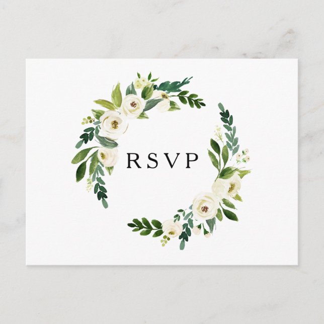Elegant White Roses Greenerity Wedding RSVP Postca Postkarte (Vorderseite)