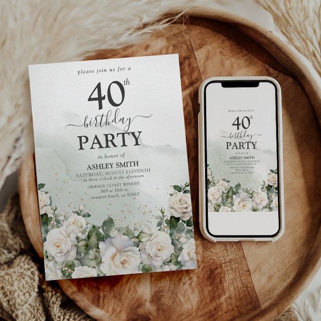 Elegant White Roses & Greenery 40. Geburtstag Einladung (Von Creator hochgeladen)