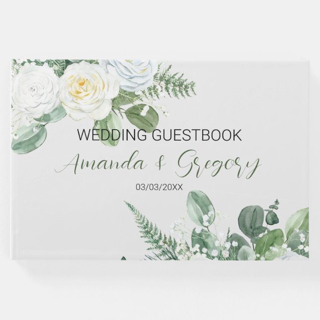 Elegant White Roses & Greenery Gästebuch (Vorderseite)