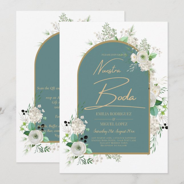 Elegant White Roses Nuestra Boda Spanish Wedding Einladung (Vorne/Hinten)