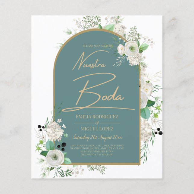 Elegant White Roses Nuestra Boda Spanish Wedding Flyer (Vorne)