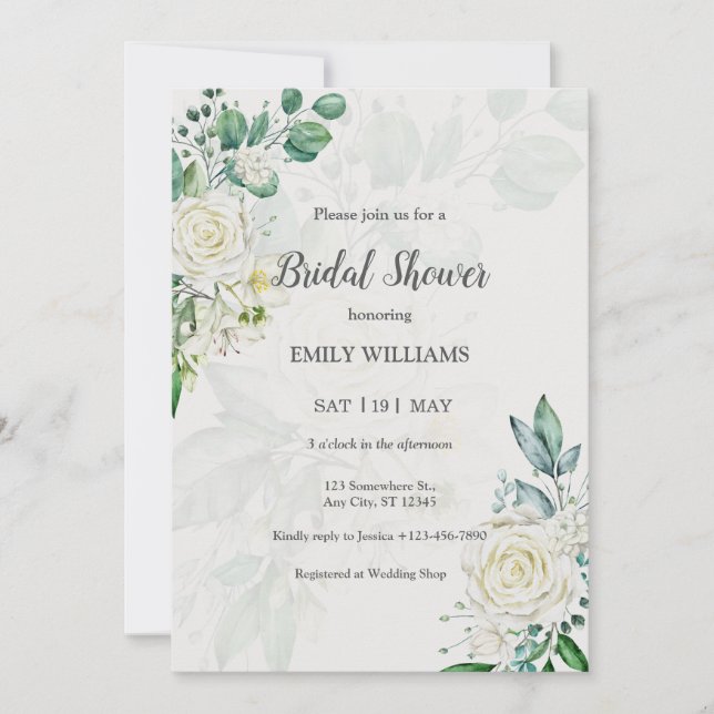 Elegant White Roses Watercolor Bridal Shower Einladung (Vorderseite)