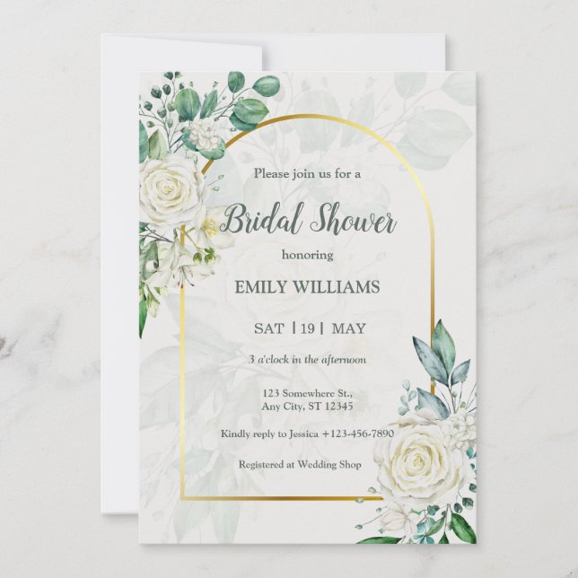 Elegant White Roses Watercolor Bridal Shower Einladung (Vorderseite)