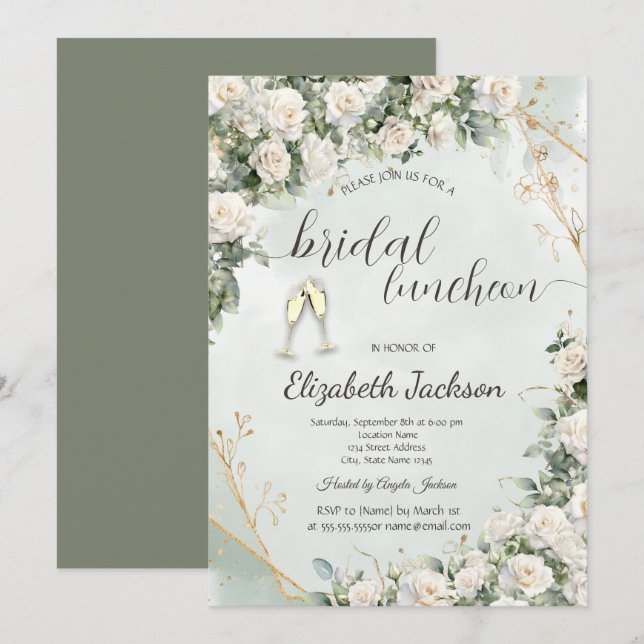 Elegant White Roses Wedding Champagne Wedding Einladung (Vorne/Hinten)
