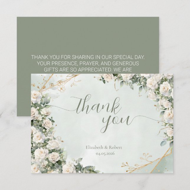 Elegant White Roses Wedding Dankeskarte (Vorne/Hinten)