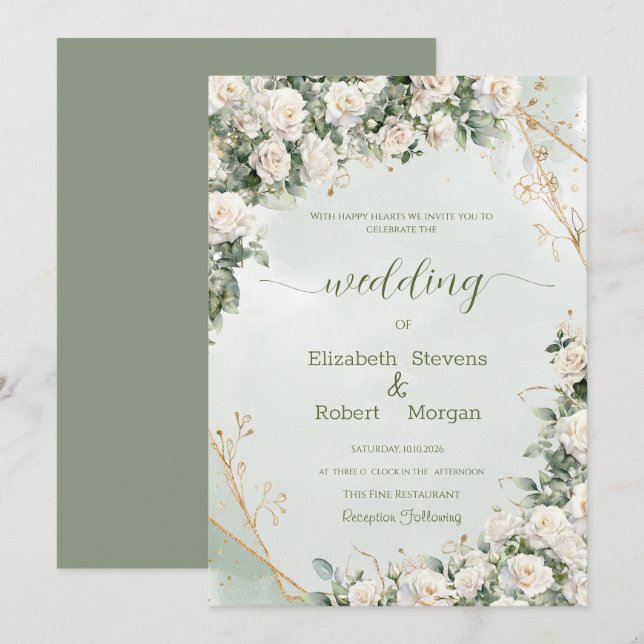 Elegant White Rosese Wedding Einladung (Vorne/Hinten)