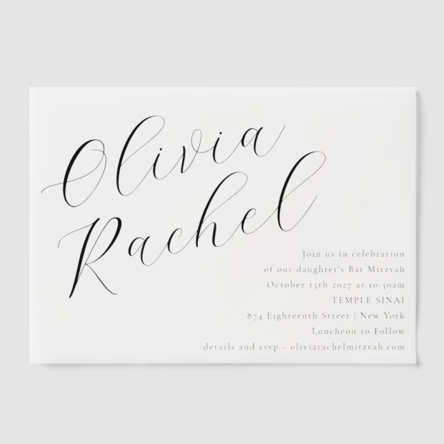 Elegant White Script Calligraphy Bat Mitzvah (Vorderseite)
