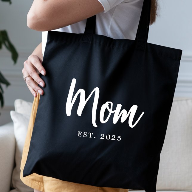 Elegant White Script Established New Mom Tasche (Elegant White Script Established Date New Mom Black Tote Bag)