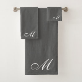 Elegant White Script Initial Gray Badhandtuch Set