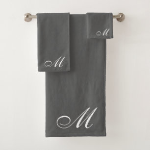 Elegant White Script Initial Gray Badhandtuch Set