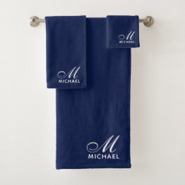 Elegant White Script Initial Monogram Navy Blue Badhandtuch Set
