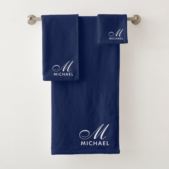 Elegant White Script Initial Monogram Navy Blue Badhandtuch Set (Insitu)