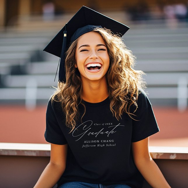 Elegant White Script Personalized Graduation T-Shirt (Von Creator hochgeladen)