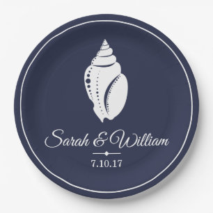 Elegant White Seashell & Navy Blue   PERSONALISIER Pappteller