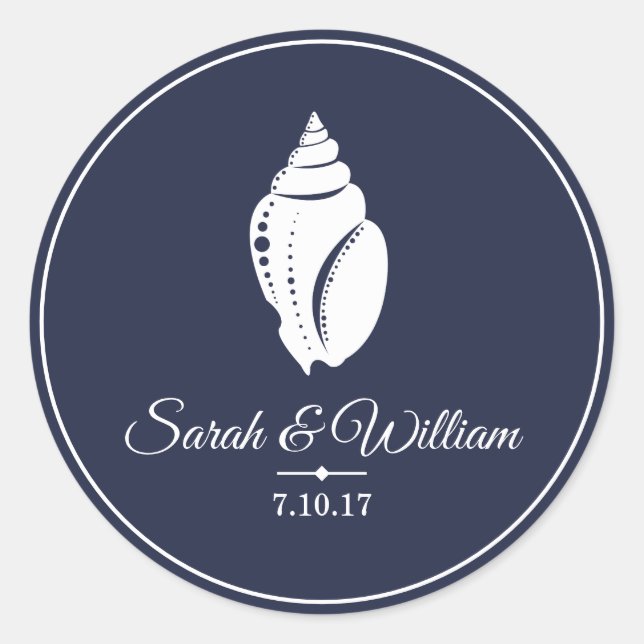 Elegant White Seashell & Navy Blue | PERSONALISIER Runder Aufkleber (Vorderseite)