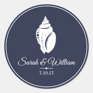 Elegant White Seashell & Navy Blue   PERSONALISIER Runder Aufkleber