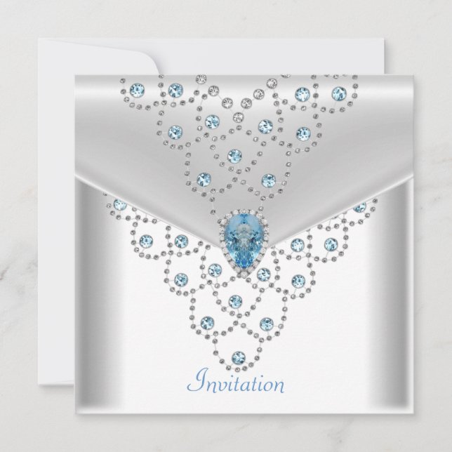 Elegant White Silver Overlay Blue Jewel Einladung (Vorderseite)