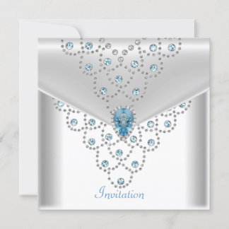 Elegant White Silver Overlay Blue Jewel Einladung
