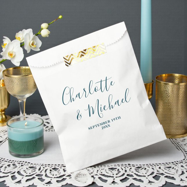 Elegant White & Teal Script Minimalist Wedding Geschenktütchen (Von Creator hochgeladen)