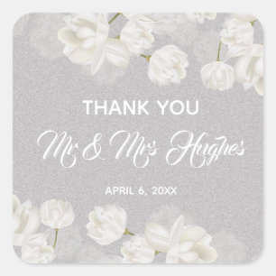 Elegant white Tulip Wedding danke Quadratischer Aufkleber