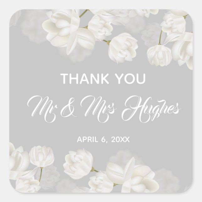 Elegant white Tulip Wedding danke Quadratischer Aufkleber (Vorderseite)