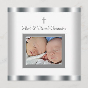 Elégant White Twins Photo Christening Invitations