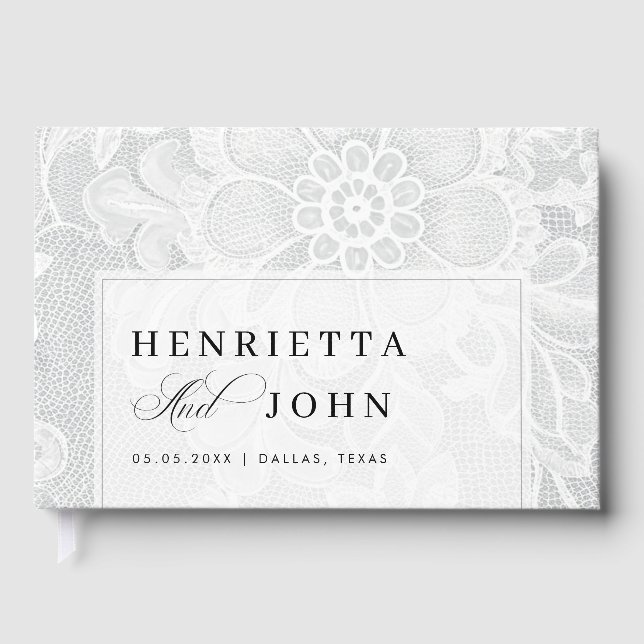Elegant White Vintage Lace Wedding Gästebuch (Vorderseite)