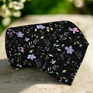 Elegant Wild Floral on Black Background Wedding Krawatte