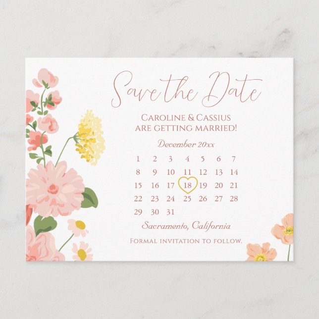 Elegant Wild Flower Wedding Calendar Save The Date Ankündigungspostkarte (Vorderseite)