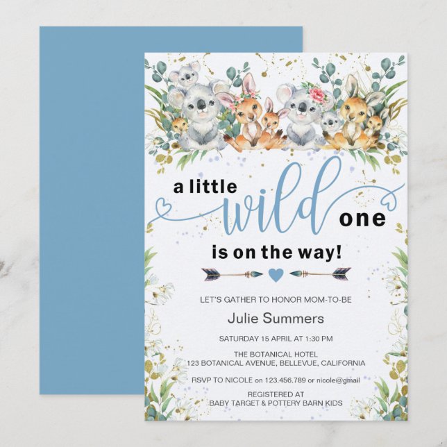 Elegant Wild One Blue Safari Baby Shower Einladung (Vorne/Hinten)