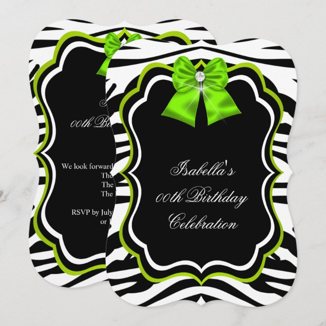 Elegant Wild Zebra Lime Green Diamond Party Einladung (Vorne/Hinten)