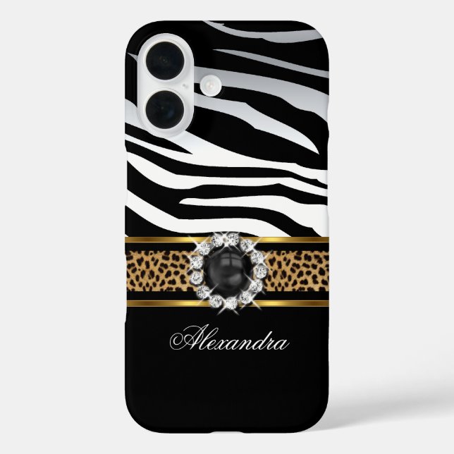 Elegant Wild Zebra Stripe Leopard Black Gold Pearl iPhone 16 Hülle (Rückseite)