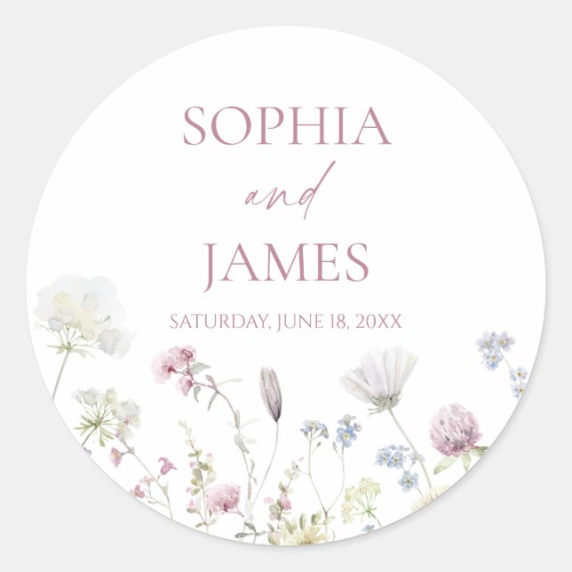 Elegant Wildflower Floral Flowers Wedding Runder Aufkleber (Vorderseite)