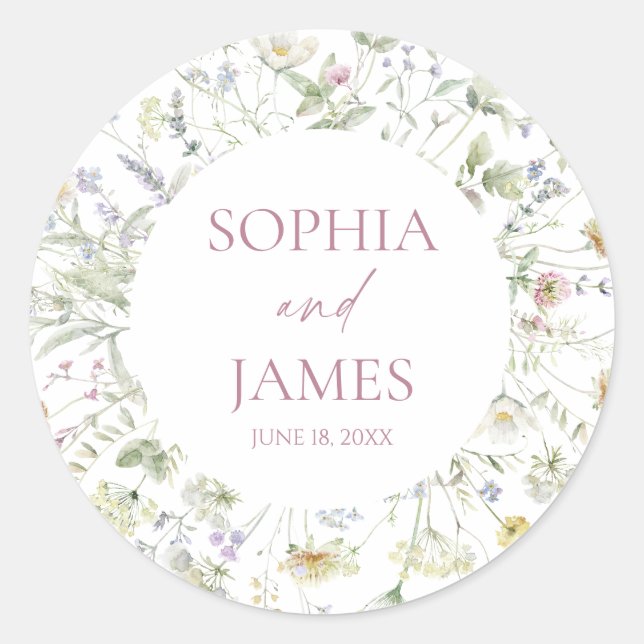 Elegant Wildflower Floral Flowers Wedding Runder Aufkleber (Vorderseite)