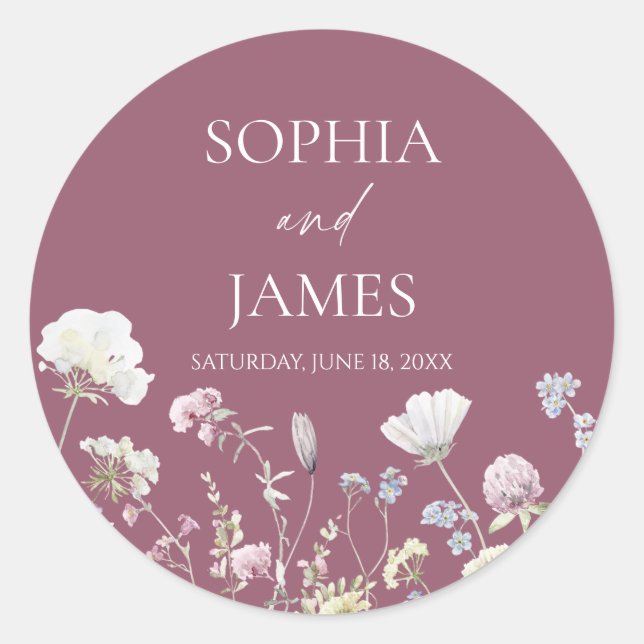 Elegant Wildflower Floral Flowers Wedding Runder Aufkleber (Vorderseite)