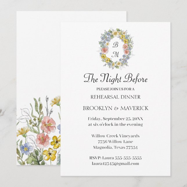 Elegant Wildflower Floral Monogram Crest Wedding Einladung (Vorne/Hinten)