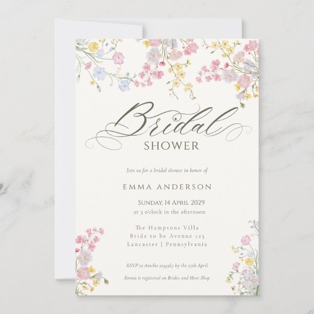 Elegant Wildflower Garden Bridal Shower Einladung (Vorderseite)